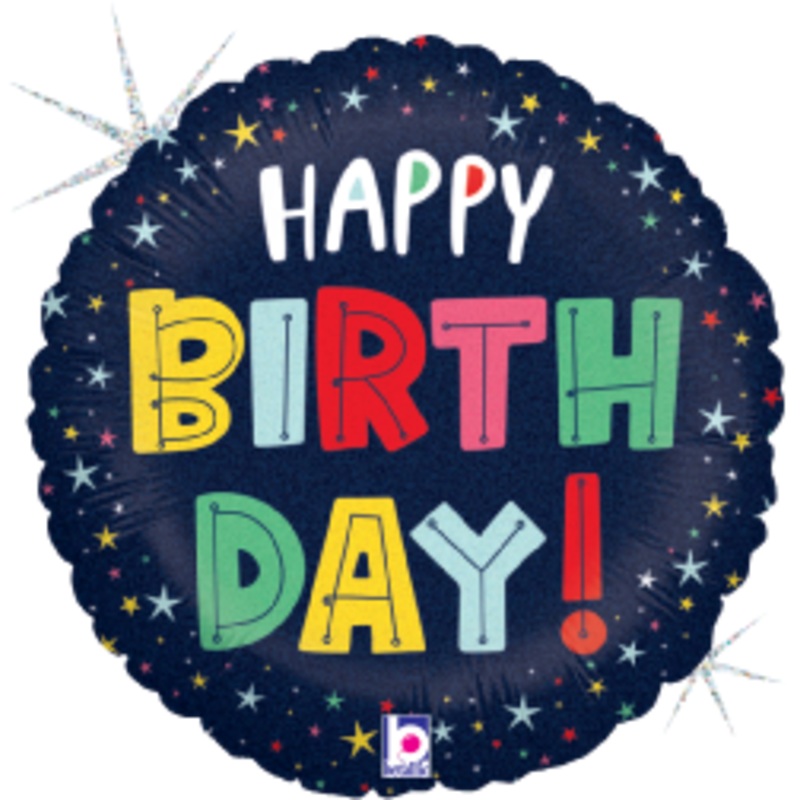 Betallic Birthday Colorful Stars 18 inch Foil Holographic Balloon Packaged 1ct