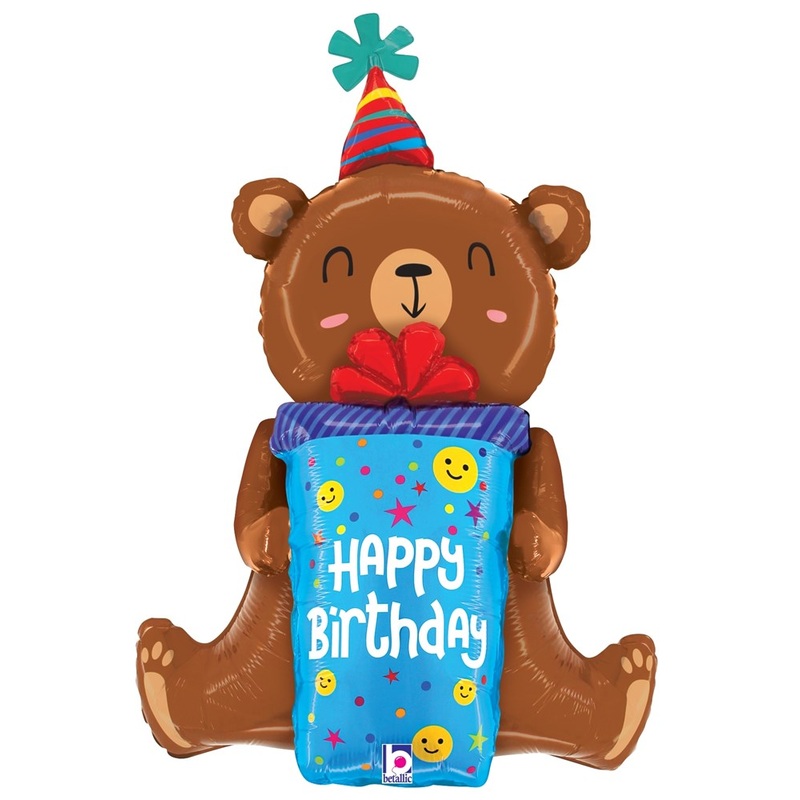 Betallic Birthday Smiley Gift Bear 34 inch Foil Balloon Packaged