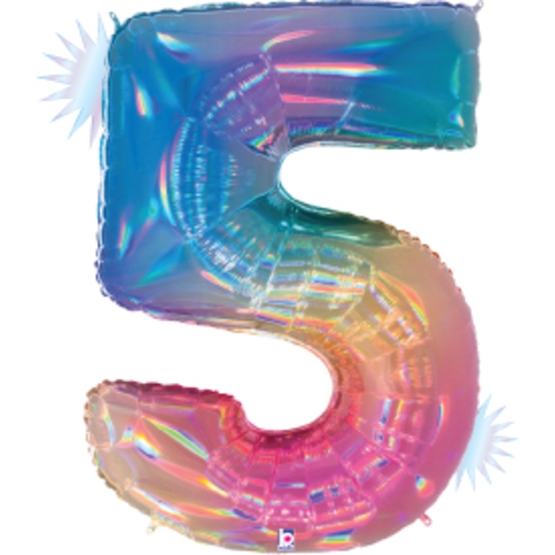 Betallic Number 5 Opal Rainbow 34 inch Holographic Shaped Foil Balloon Packaged 1ct