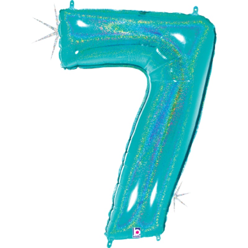 Betallic Number 7 Glitter Robin's Egg Blue 34 inch Holographic Shaped Foil Balloon Packaged 1ct