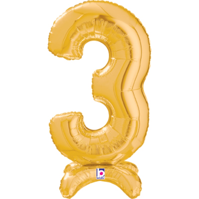 Betallic Number Stand Up 3 Gold 25 inch Air Filled Shaped Foil Balloon packed w/straw 1ct