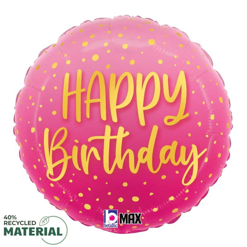 Betallic Pink Happy Birthday 18 inch MAX Float 40 Percent Recycled Round Balloon Packaged 1ct