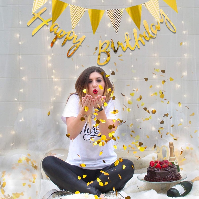 Golden Happy Birthday Banner, Chevron Flag Bunting Banner and Led String Lights For Decoration | Gold Paper Flags Decoration | Birthday Decoration Items | Bunting Flag Decoration | Led String Light | Happy Birthday Decor, Gold for Husbands, Wife