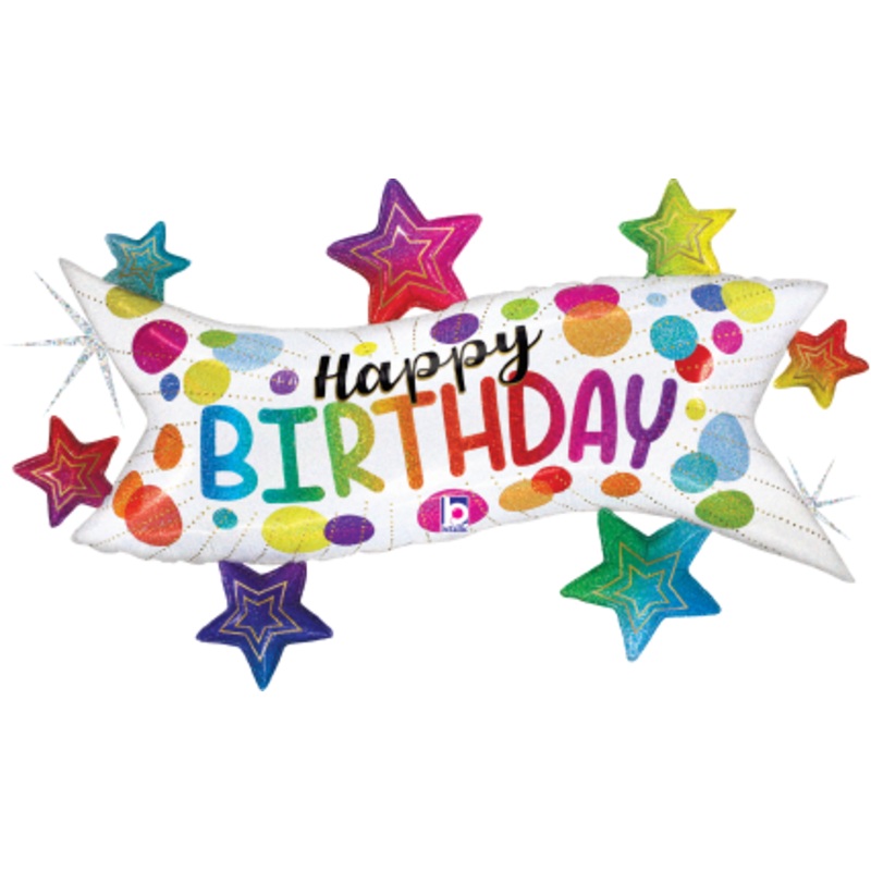 Betallic Birthday Banner Stars 37 inch Glitter Holographic Shaped Foil Balloon Packaged 1ct