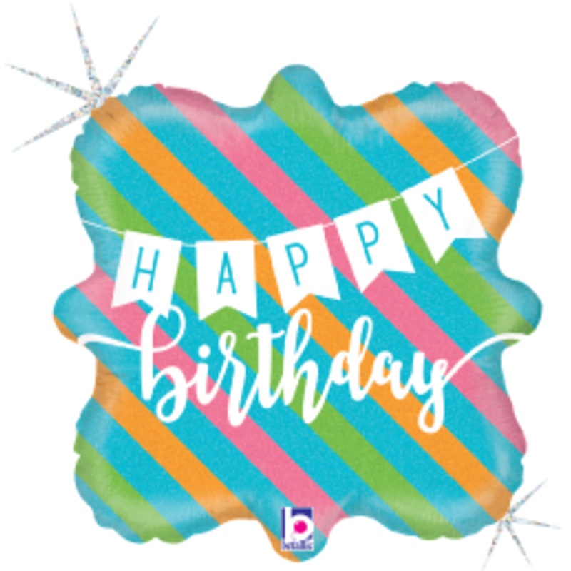 Betallic Birthday Banner & Stripes 18 inch Holographic Balloon Packaged 1ct