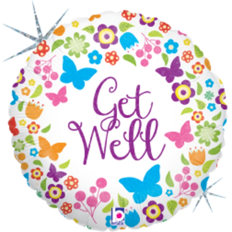 Betallic Butterflies & Flowers Get Well 18 inch Holographic Balloon Packaged 1ct