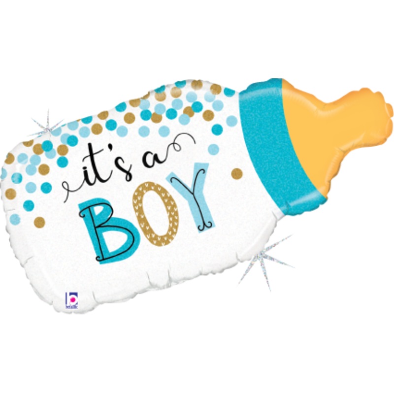 Betallic Confetti Baby Bottle Boy 29 inch Shaped Foil Balloon Holographic Packaged 1ct