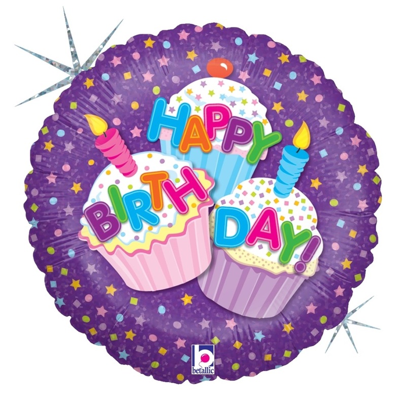 Betallic Happy Birthday Cupcake 18 inch Holographic Balloon Packaged 1ct