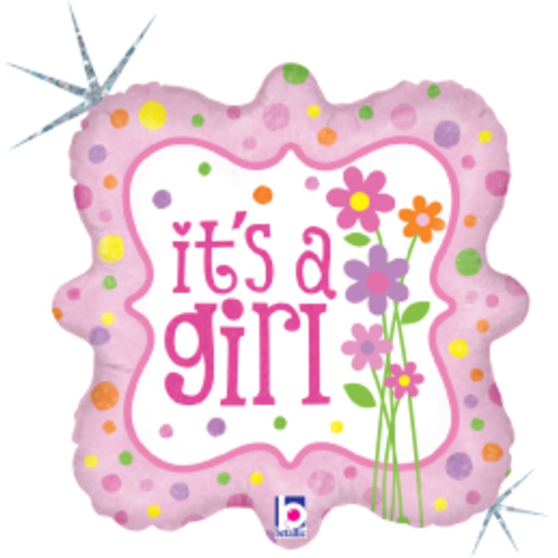 Betallic It's a Girl Flowers 18 inch Square Holographic Balloon Packaged 1ct
