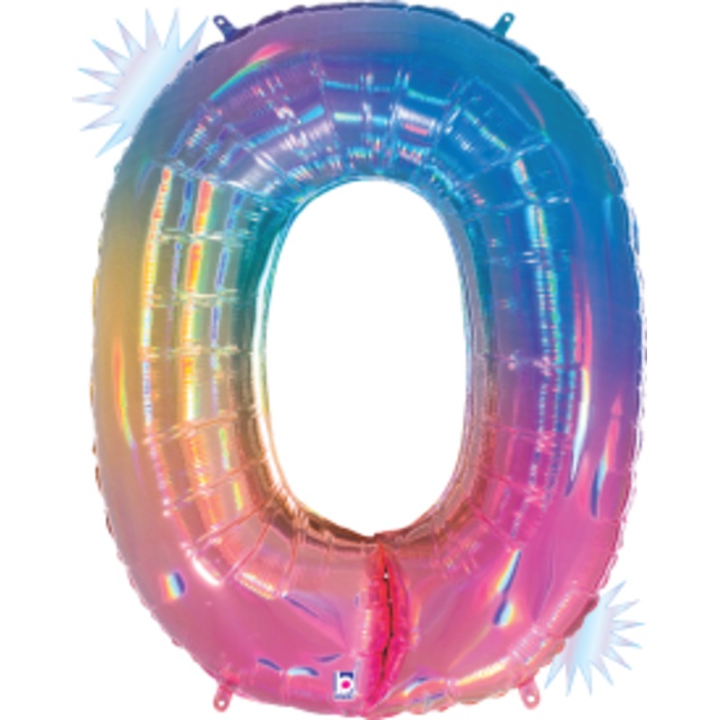 Betallic Number 0 Opal Rainbow 34 inch Holographic Shaped Foil Balloon Packaged 1ct