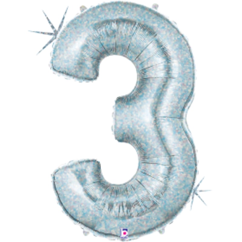 Betallic Number 3 34 inch Holographic Shaped Foil Balloon Packaged 1ct
