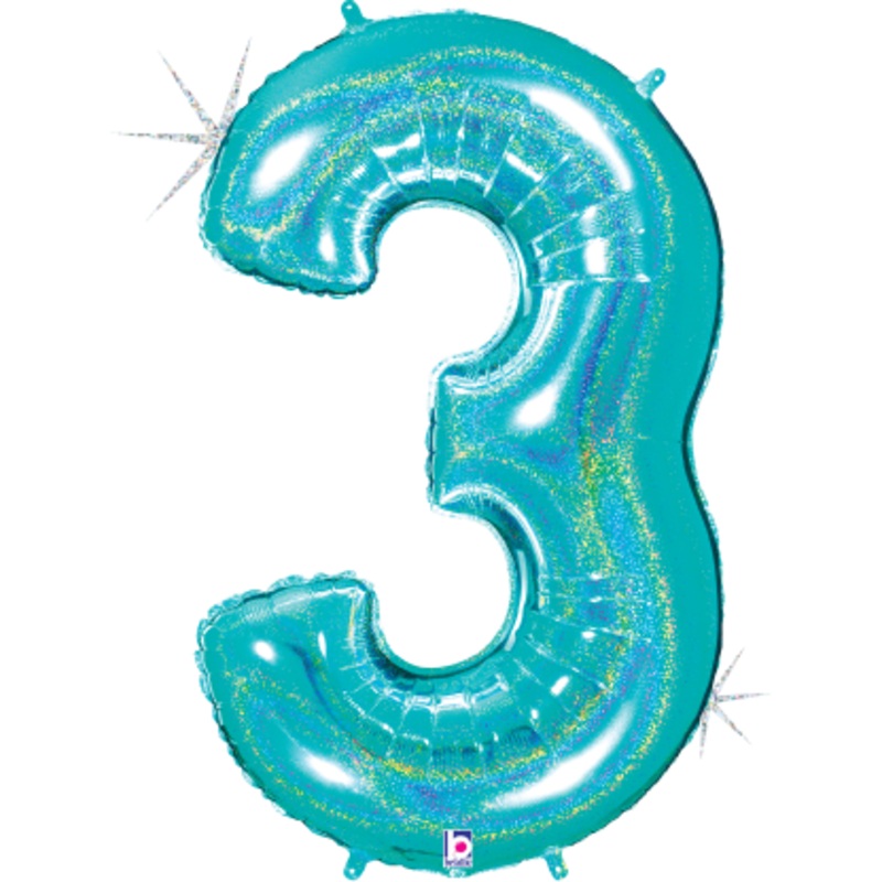 Betallic Number 3 Glitter Robin's Egg Blue 34 inch Holographic Shaped Foil Balloon Packaged 1ct