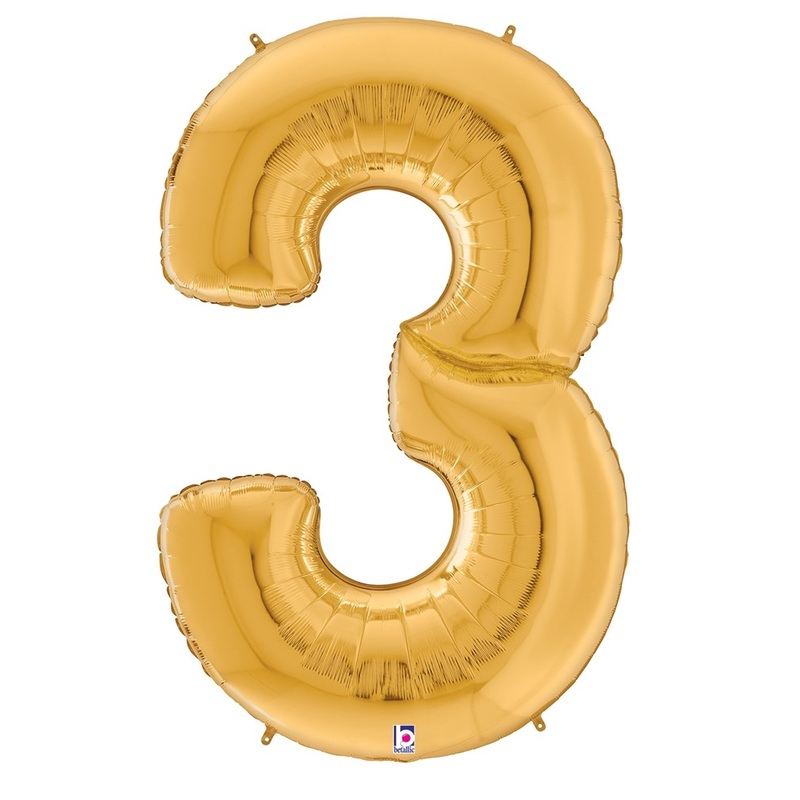 Betallic Number 3 Gold 53 inch Shaped Foil Balloon Packaged 1ct