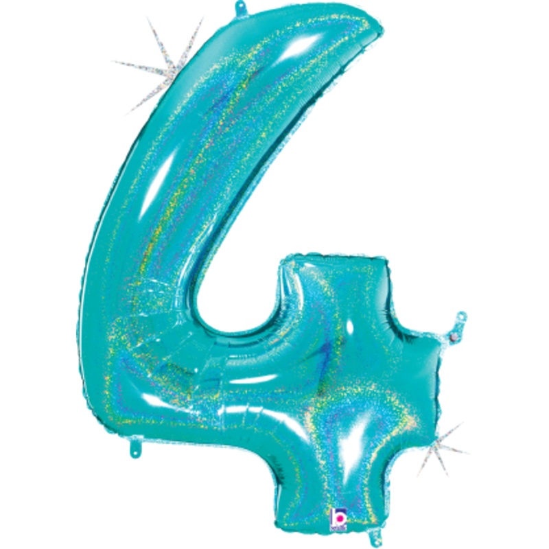 Betallic Number 4 Glitter Robin's Egg Blue 34 inch Holographic Shaped Foil Balloon Packaged 1ct