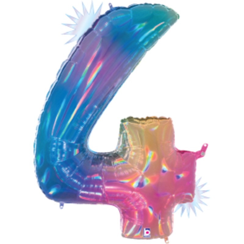 Betallic Number 4 Opal Rainbow 34 inch Holographic Shaped Foil Balloon Packaged 1ct