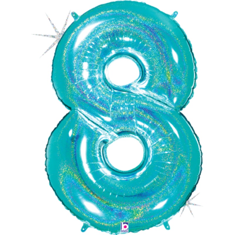 Betallic Number 8 Glitter Robin's Egg Blue 34 inch Holographic Shaped Foil Balloon Packaged 1ct