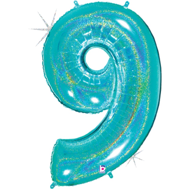 Betallic Number 9 Glitter Robin's Egg Blue 34 inch Holographic Shaped Foil Balloon Packaged 1ct