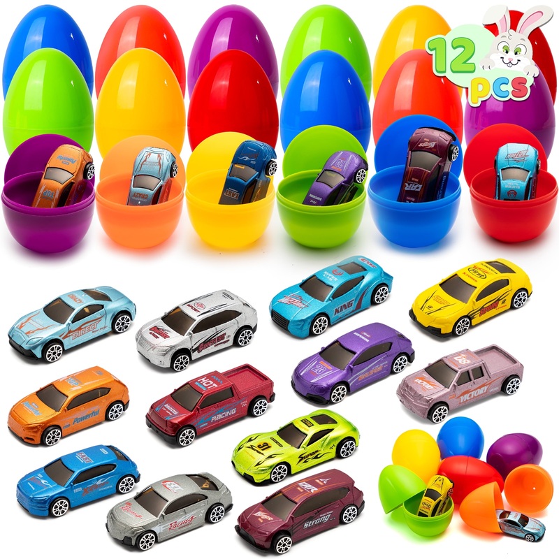 12 Pcs Easter Eggs Prefilled with Die-cast Cars,Diecast Cars Toy Vehicles for Kids Boys Easter Eggs Hunt,Basket Easter Stuffers,Easter Party Favors,Easter Egg Fillers,Classroom Prizes