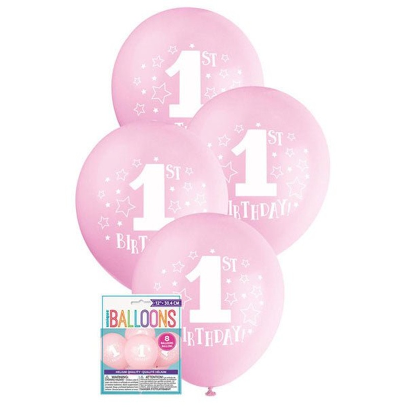 "1st Birthday Stars" Pink Balloons 30cm (Pack of 8)