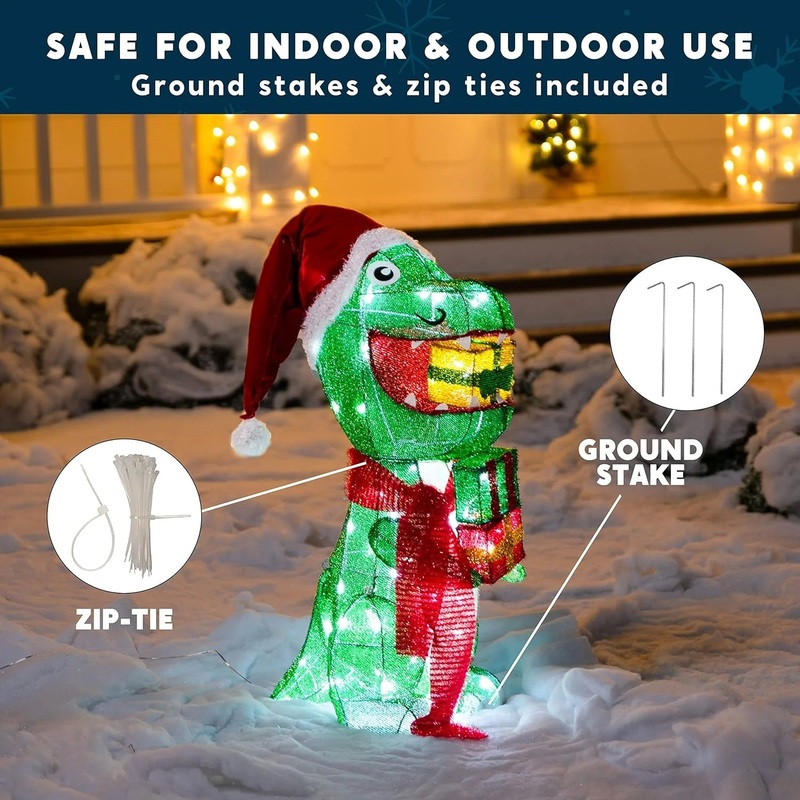 2.3 FT Dinosaur Yard Light Christmas Outdoor Decorations,60 Pre-Lit LED Cool White Christmas Decorations,Christmas Yard Light with Stakes Decorations Outdoor Holiday Decor