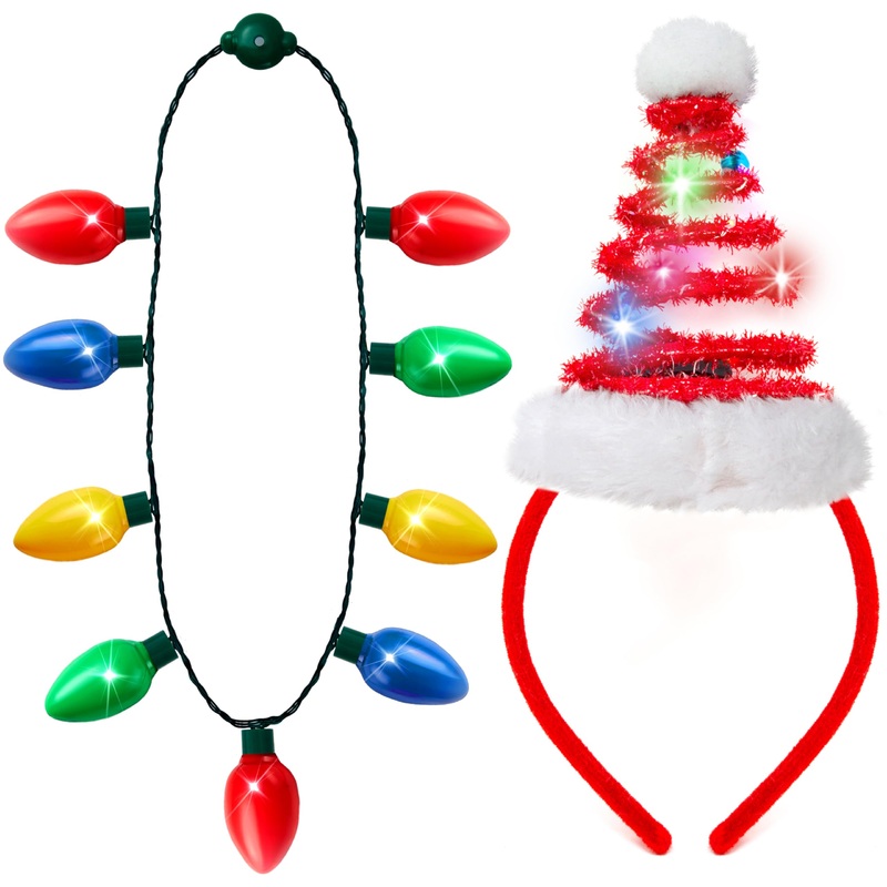 2 Pcs Christmas Lighted Necklace and Santa Hat Headband, Christmas LED Necklace with 9 Bulbs and Xmas Headwear for Christmas and Holiday Perties Xmas Costume Accessories Christmas Party Favors