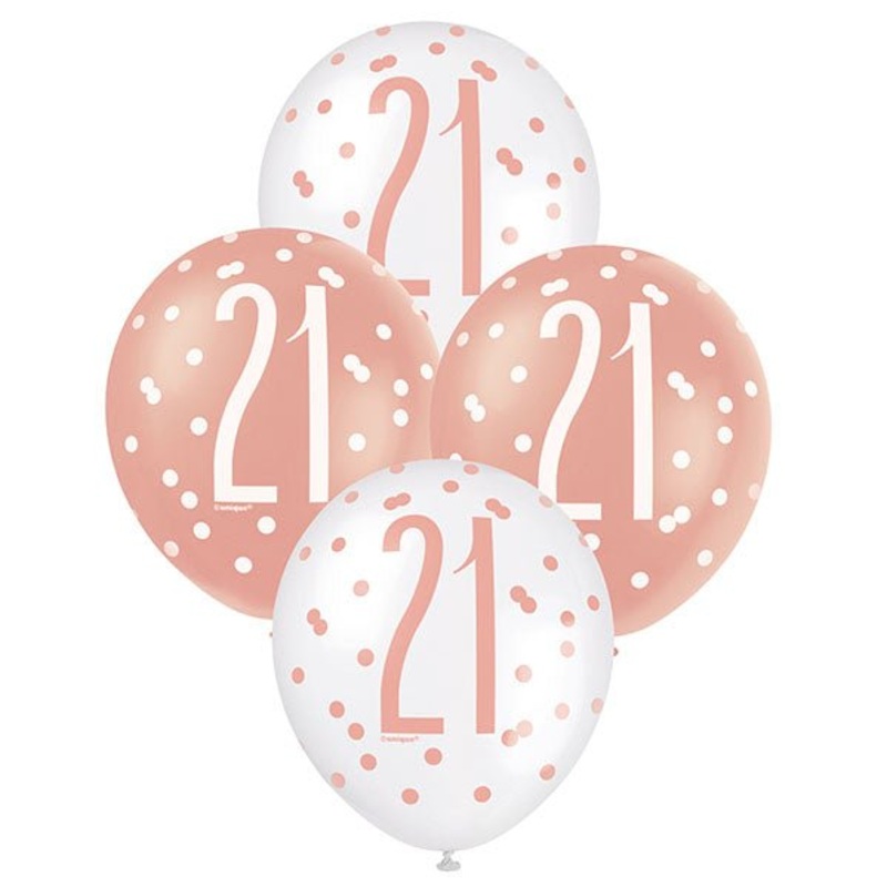 "21" Rose Gold & White Assorted Balloons 30cm (Pack of 6)