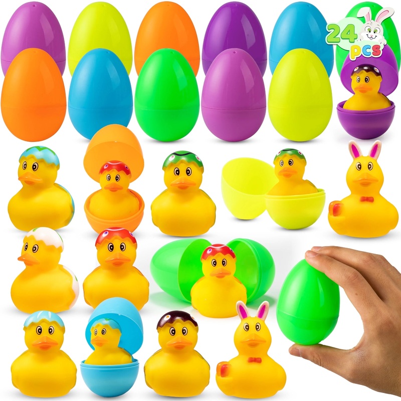 24 Pcs Prefilled Easter Eggs with Toys(12 Ducks and 12 Eggs),Colorful Easter Eggs Prefilled with Rubber Ducks for Easter Basket Stuffers and Bathtub Toys Party Favors