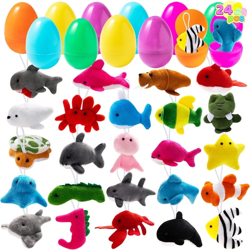 24 pieces of pre-filled Easter eggs with sea animal plush toy set, mini sea toy creature filled keychain for kids hunting