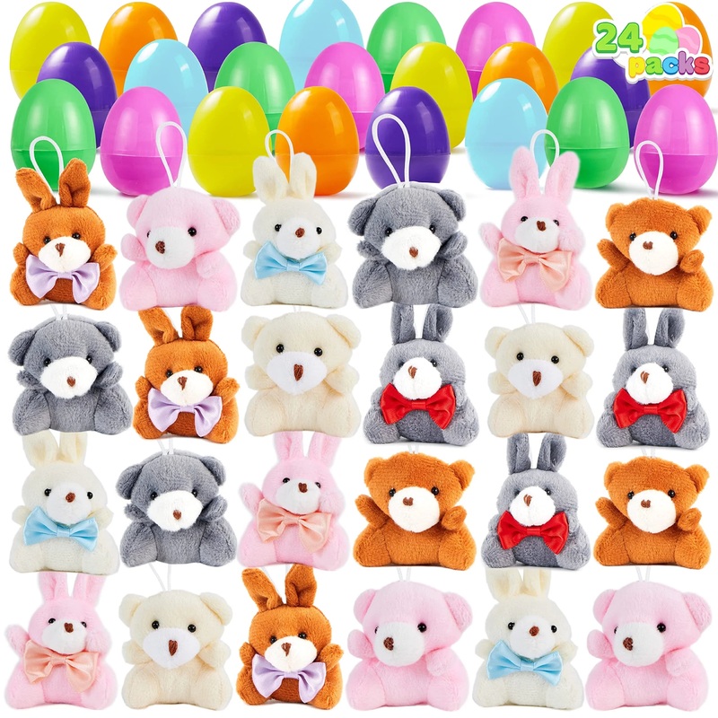 24 pre filled plush rabbit and bear Easter eggs, children's plush animal keychains
