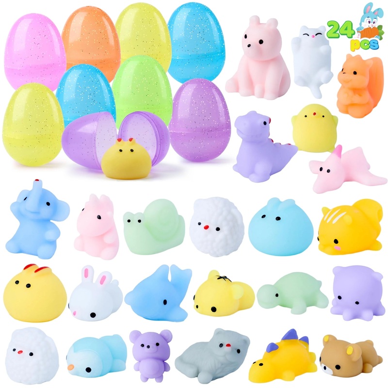 24 sparkling transparent Mochi pre filled Easter eggs, cute stress relieving wet toys for Easter egg hunting
