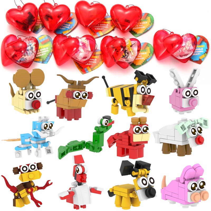 26 Packs Heart Shape Prefilled Animal Building Blocks With Valentines Cards for Party Supplies,Valentine Heart Set for Kid Gifts