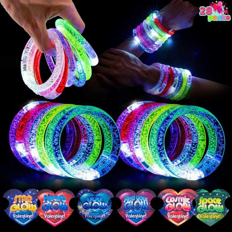 28 Packs Valentine's Day Gift Cards with Flashing LED Bracelets for Valentine Light Up Party Favor Toy, Valentine's Classroom Gift Exchange, Kids and Adults, Glow Accessories