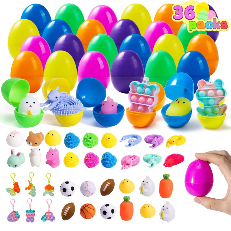 36 Pcs Stress Relief Toys Prefilled Easter Eggs,Kawaii Mochi Squishy Toy Stress Relief Toys Filled Plastic Easter Eggs for Easter Basket Stuffers Party Favor Egg Hunt for Kids