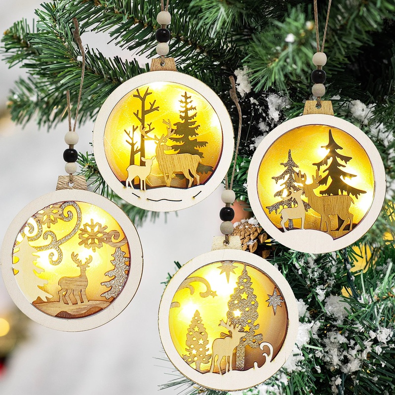 4 Pcs LED Wooden Christmas Ornaments Hanging Reindeer Ornaments for Indoor/Outdoor Holiday Party Decoration, Christmas Tree Ornaments