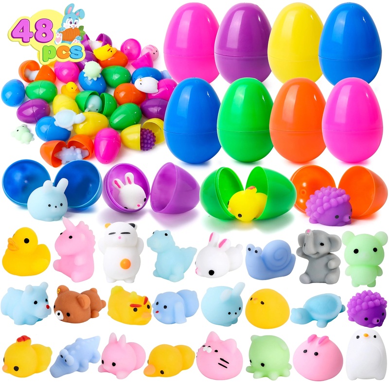 48 Pcs Prefilled Easter Eggs with Toys(24 Mochi and 24 Eggs),Mochi Squishy Small Toys for Easter Eggs,Stuffed Easter Baskets for Toddler Kids