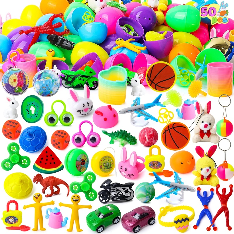 50 pre-filled Easter eggs with toys, 48 bright colored and 2 gold filled plastic Easter eggs and toys for Easter party gifts