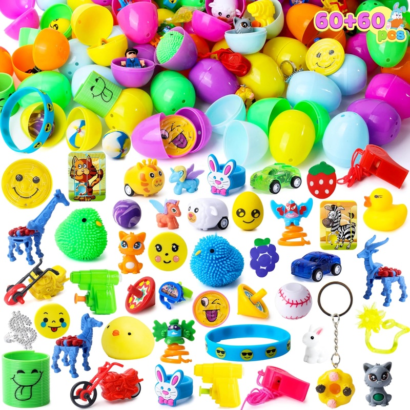 60 Easter Egg Stickers with Toys, Pre-filled Easter Egg Stickers with a variety of toys for kids boys and girls