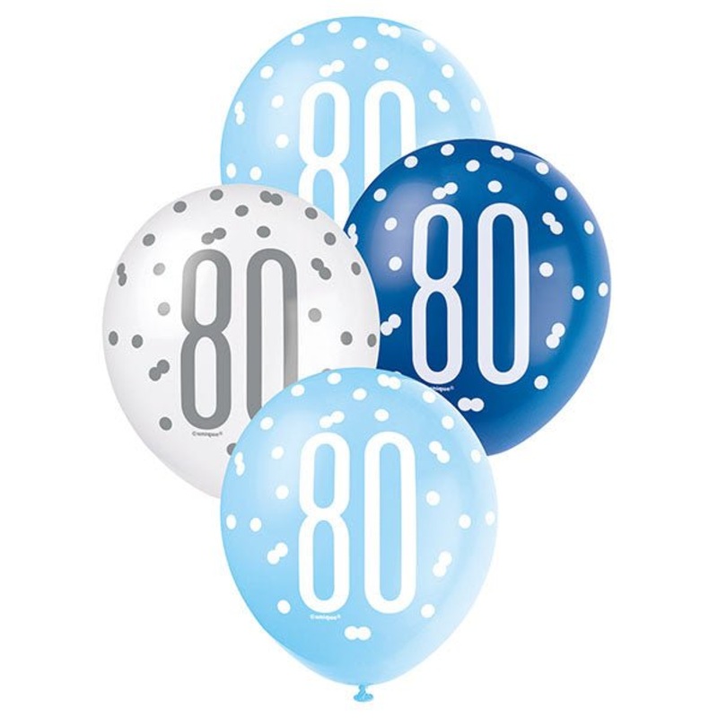 "80" Blue & White Assorted Balloons 30cm (Pack of 6)