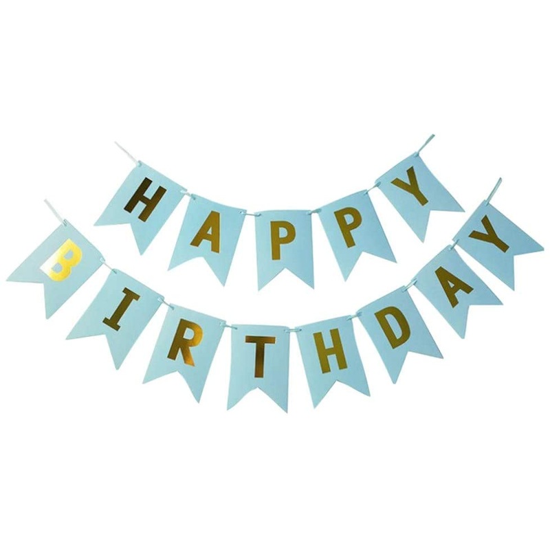 Blue Gold Foiled Happy Birthday Bunting Banner Party Decor Home Decor For Home