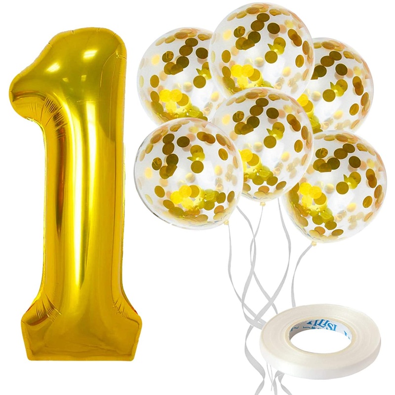 Gold Number 1 Balloon Set - Large 32 Inch | Gold Confetti Balloons, Pack Of 5