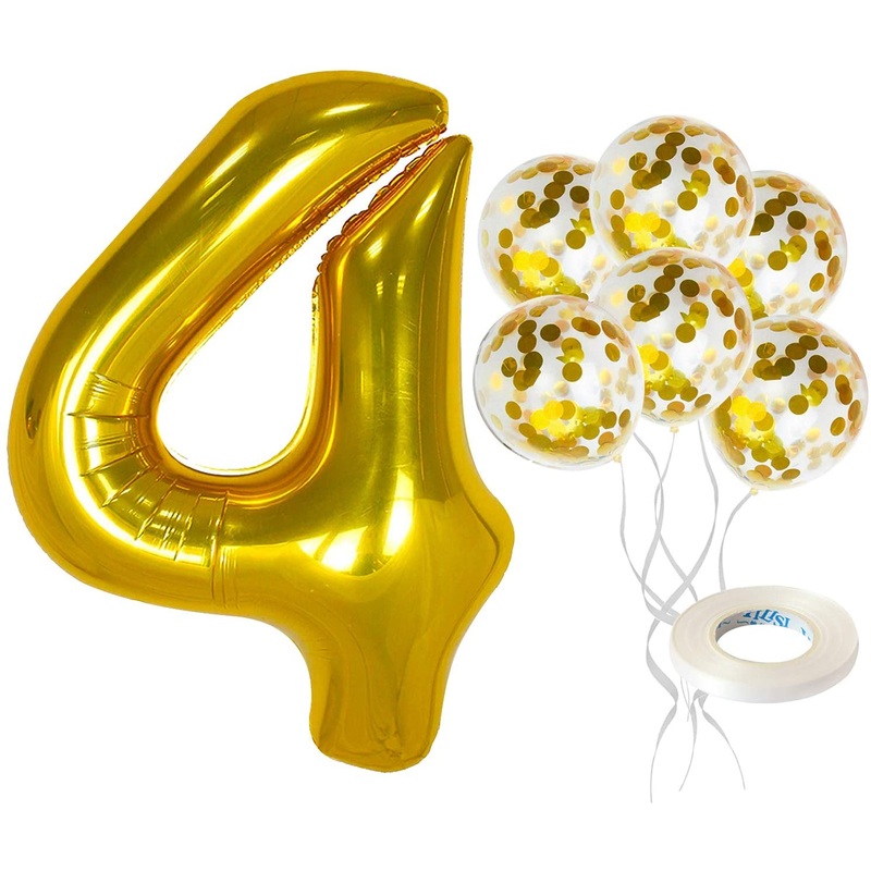 Gold Number 4 & Balloon Set - Large, 32 Inch | Gold Confetti Balloons, Pack Of 5