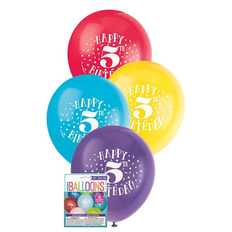 "Happy 5th Birthday" Assorted Colour Balloons 30cm (Pack of 8)
