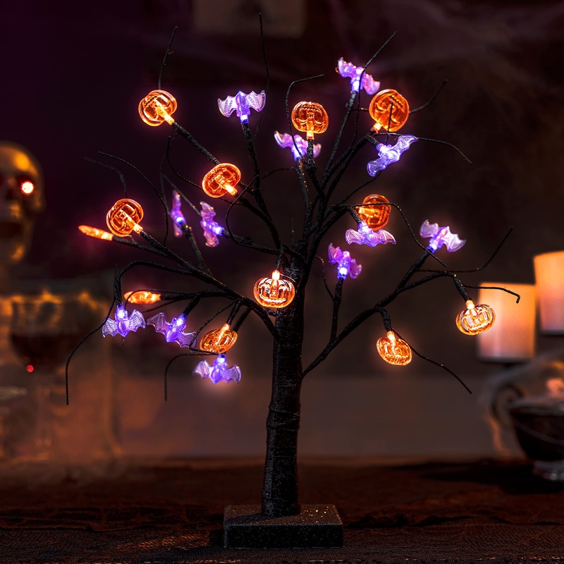 Joiedomi 1.5 FT Halloween Spooky Tree, Light Up Halloween Tree with 24 LED Orange Pumpkin and Purple Bat Lights, Prelit Black Tree for Halloween Tabletop Tree Decor Halloween Indoor Desktop Decoration