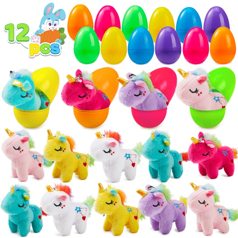JOYFY 12 Easter eggs filled with plush unicorns, brightly colored Easter eggs, and various plush unicorns pre installed