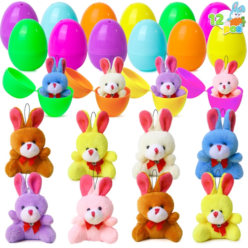 JOYFY 12 Pcs Filled Easter Eggs with Plush Bunny, Bright Colorful Bunnies for Kids Toddlers