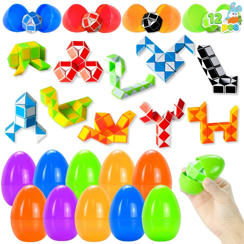 JOYFY 12 Pcs Pre Filled Easter Eggs with Mini Snake Cubes Twist Puzzle Toys Snake Speed Cube Fidget for Kids Easter Party Favor Egg Hunt Classroom Exchange and Prize Supplies