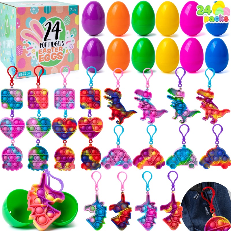 JOYFY 24 Pack Prefilled Easter Eggs with Toys,Easter Eggs Filled with Pop Keychain Fidget Stress Relief Squeeze Bubble for Easter Basket Stuffers and Classroom Exchange Party Favors