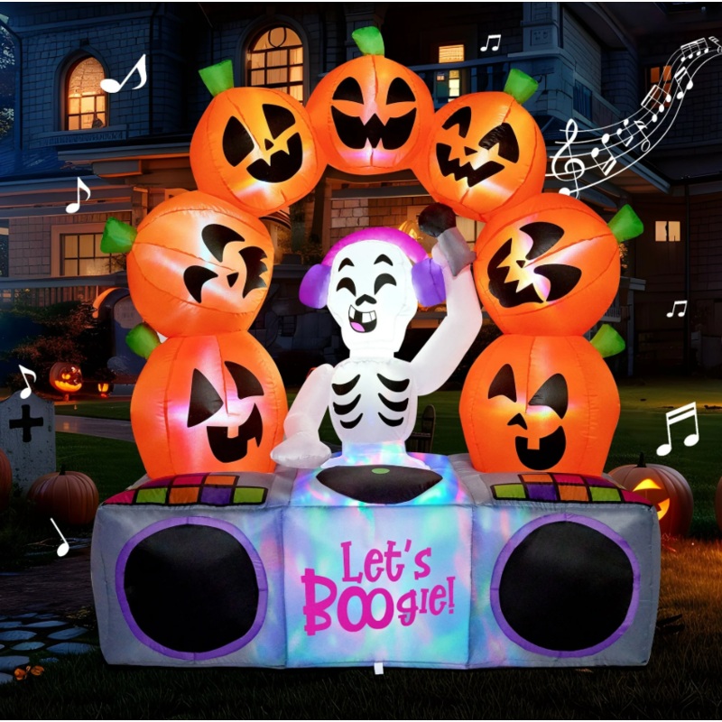 Joyfy 6 FT Halloween Inflatable Pumpkin Skeleton with Colorful LEDs and Music Decorations with Build-in LEDs,Outdoor Halloween Ghost Decorations Blow up Yard Decorations