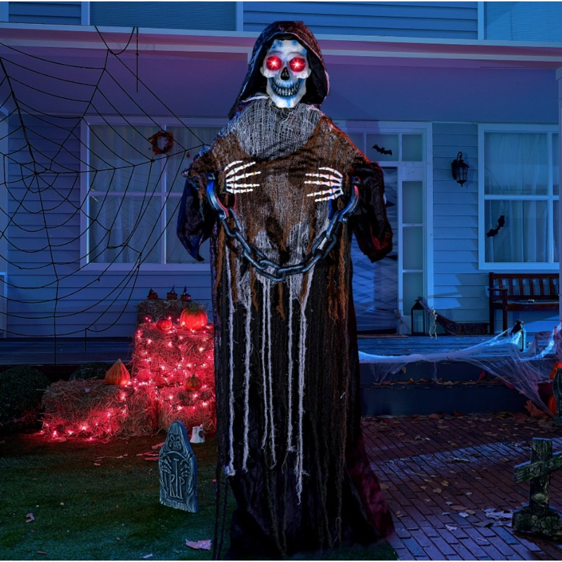 Joyfy 67 Inch Standing Grim Reaper with Chain Large Halloween Decorations Outdoor Scary Decorations Halloween Motion Activated Grim Reaper with LED Eyes & Sound