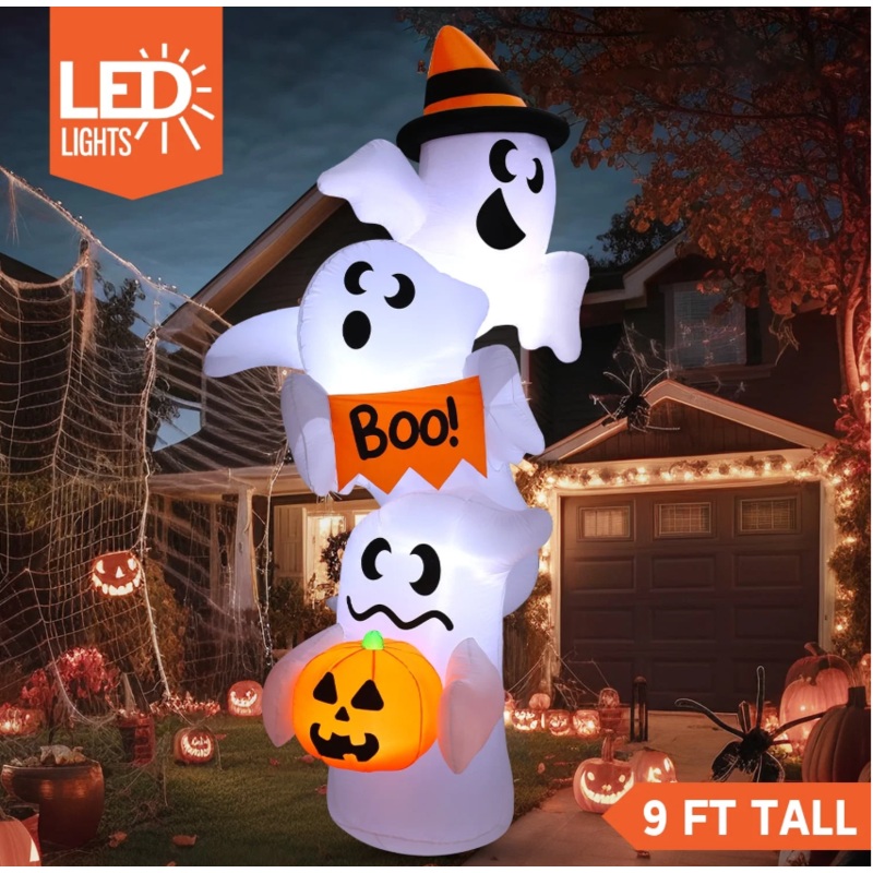 Joyfy 9ft Halloween Ghost Inflatable,Three Overlap Ghost Outdoor Decorations Blow Up Yard with Built-in LEDs for Garden Lawn Indoor Party Decor